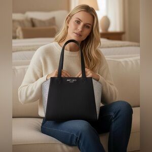 NWT Jimmy Choo Perfume Black Velvet & Silver Metallic Sparkle Tote Bag